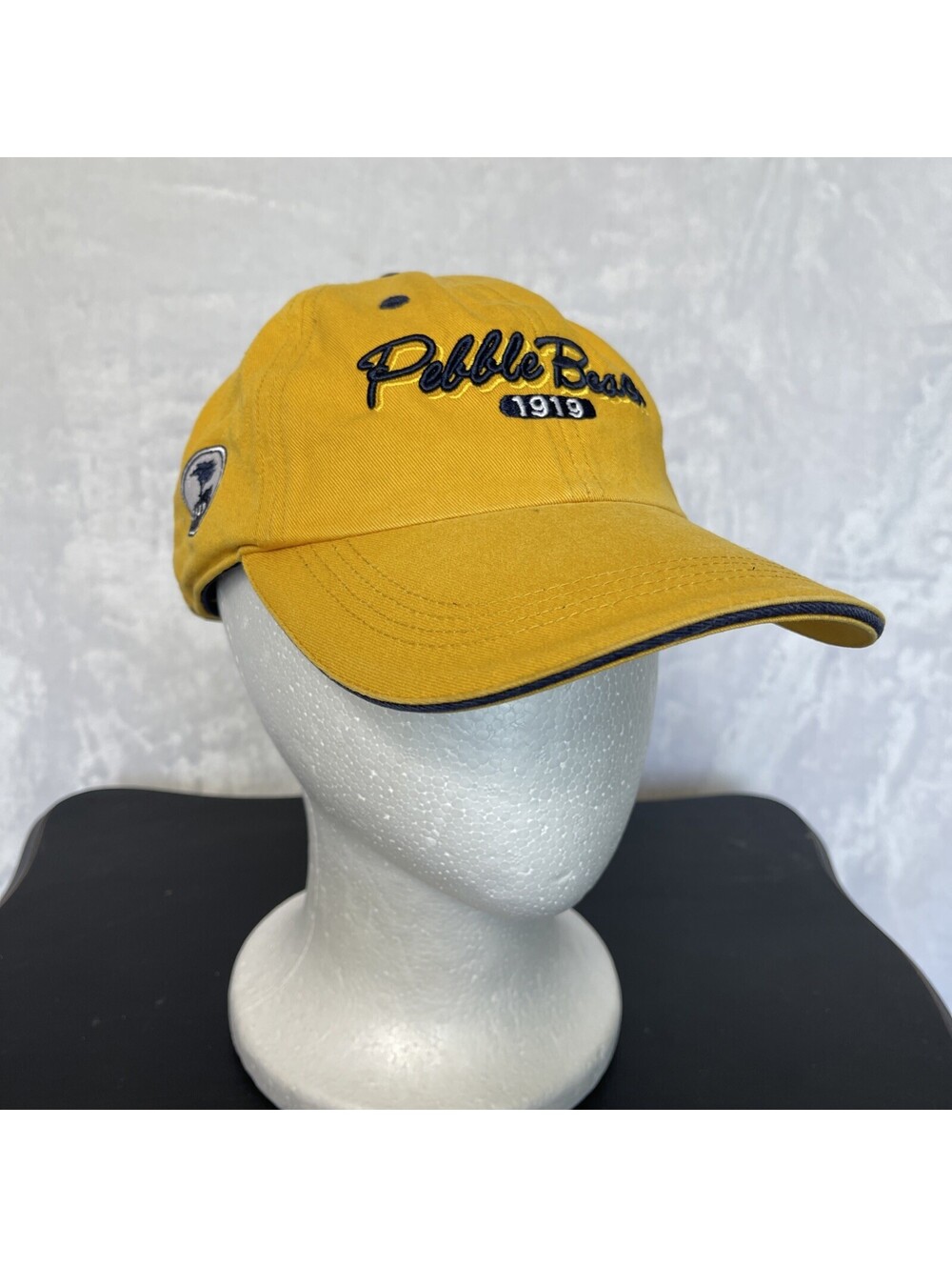 Vintage Pebble Beach 1919 Yellow Hat With Navy Embroidery Adjustable One Size